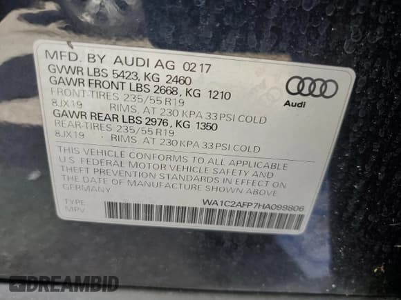 ✅ 2017 Audi Q5 Premium • VIN: WA1C2AFP7HA099806 • Lot: 65737445. Wystawiony na Copart z przebiegiem 127 833 mil. Bezpłatny archiwum sprzedaży aukcyjnych z USA i szczegółowy raport historii pojazdu na DreamBid. Zdjęcie 13.