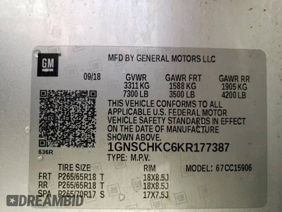 2019 Chevrolet Suburban LT with VIN 1GNSCHKC6KR177387, listed as a Copart auction lot 40919754 with 46,100 mi miles and . Bid and sale history available at DreamBid. Image 13.