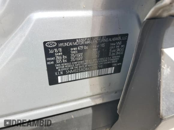 ✅ 2019 Hyundai Santa Fe SE • VIN: 5NMS23AD6KH014798 • Lot: 67141024. Wystawiony na Copart z przebiegiem Nie podano. Bezpłatny archiwum sprzedaży aukcyjnych z USA i szczegółowy raport historii pojazdu na DreamBid. Zdjęcie 14.