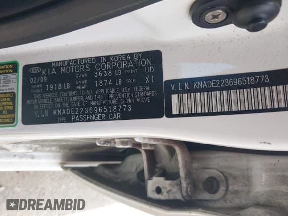 ✅ 2009 Kia Rio LX • VIN: KNADE223696518773 • Лот: 42692771. Опубликован ранее на IAAI с пробегом 156 430 миль. Бесплатный доступ к архиву аукционных продаж из США и подробный отчёт об истории автомобиля на DreamBid. Изображение 9.