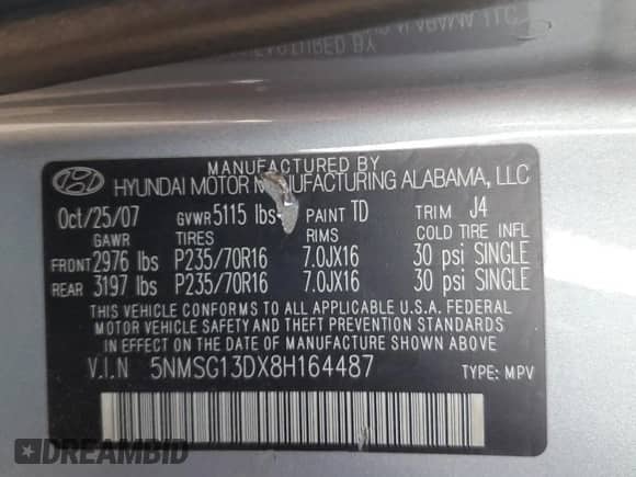 2008 Hyundai Santa Fe GLS with VIN 5NMSG13DX8H164487, listed as a Copart auction lot 91486875 with 172,533 mi miles and Clean title. Bid and sale history available at DreamBid. Image 13.