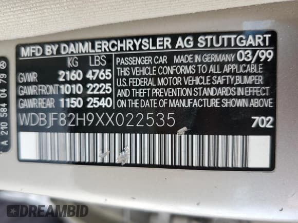 ✅ 1999 Mercedes-Benz E 320 • VIN: WDBJF82H9XX022535 • Lot: 86554534. Listed on Copart with 140,904 mi. Free auction sales archive from the USA and detailed vehicle history report at DreamBid. Image 14.