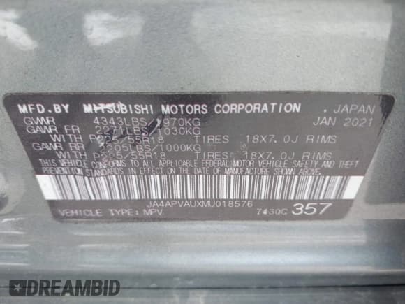 ✅ 2021 Mitsubishi Outlander SE • VIN: JA4APVAUXMU018576 • Lot: 42166527. Listed on IAAI with 126,732 mi. Free auction sales archive from the USA and detailed vehicle history report at DreamBid. Image 9.