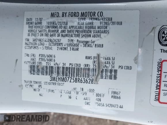 ✅ 2008 Mercury Milan • VIN: 3MEHM07Z58R636287 • Лот: 41445968. Опубликован ранее на IAAI с пробегом 72 987 миль. Бесплатный доступ к архиву аукционных продаж из США и подробный отчёт об истории автомобиля на DreamBid. Изображение 9.