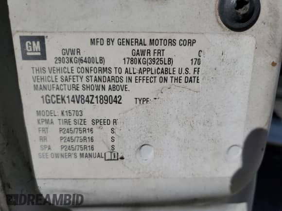 2004 Chevrolet Silverado 1500 Work Truck z VIN 1GCEK14V84Z189042, wystawiony jako Copart lot #81054544 z przebiegiem 149 878 mil mil oraz Szkoda całkowita • Salvage title. Historia ofert i sprzedaży dostępna na DreamBid. Obrazek 14.