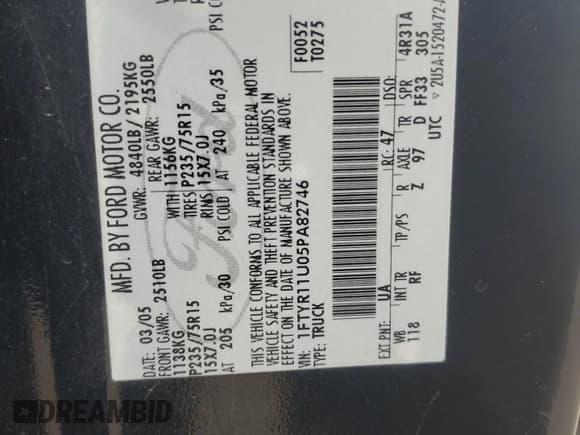 ✅ 2005 Ford Ranger XL • VIN: 1FTYR11U05PA82746 • Lot: 69347854. Wystawiony na Copart z przebiegiem 145 179 mil. Bezpłatny archiwum sprzedaży aukcyjnych z USA i szczegółowy raport historii pojazdu na DreamBid. Zdjęcie 12.