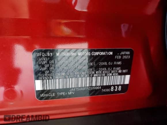 2023 Mitsubishi Outlander SEL с VIN JA4T5VA91PZ039964, выставлен на аукционе Copart как лот 90379605 с пробегом 17 653 миль миль и Списание • Salvage title. История ставок и продаж доступна на DreamBid. Изображение 13.