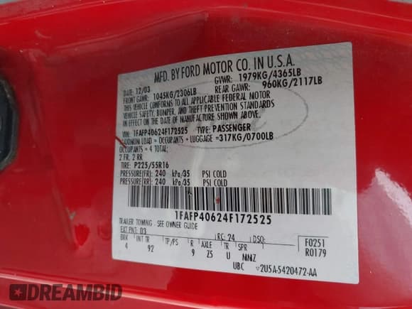 ✅ 2004 Ford Mustang Standard • VIN: 1FAFP40624F172525 • Lot: 42388984. Listed on IAAI with 238,134 mi. Free auction sales archive from the USA and detailed vehicle history report at DreamBid. Image 9.