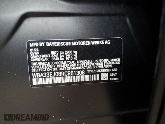 ✅ 2024 BMW 7 Series 760i xDrive • VIN: WBA33EJ08RCR61308 • Lot: 47663095. Wystawiony na Copart z przebiegiem 16 294 mil. Bezpłatny archiwum sprzedaży aukcyjnych z USA i szczegółowy raport historii pojazdu na DreamBid. Zdjęcie 12.