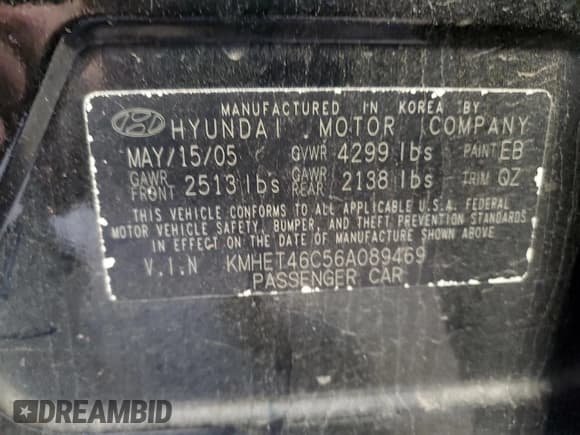 ✅ 2006 Hyundai Sonata GL • VIN: KMHET46C56A089469 • Лот: 77819934. Опубликован ранее на Copart с пробегом 128 108 миль. Бесплатный доступ к архиву аукционных продаж из США и подробный отчёт об истории автомобиля на DreamBid. Изображение 12.