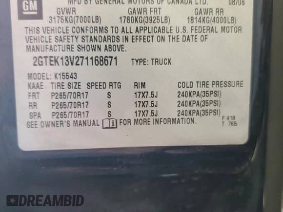 2007 GMC Sierra 1500 SL with VIN 2GTEK13V271168671, listed as a Copart auction lot 49336035 with 224,948 mi miles and Salvage title. Bid and sale history available at DreamBid. Image 12.