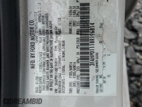 ✅ 2008 Ford Fusion SE • VIN: 3FAHP01118R196814 • Лот: 86227255. Опубликован ранее на Copart с пробегом 66 706 миль. Бесплатный доступ к архиву аукционных продаж из США и подробный отчёт об истории автомобиля на DreamBid. Изображение 12.