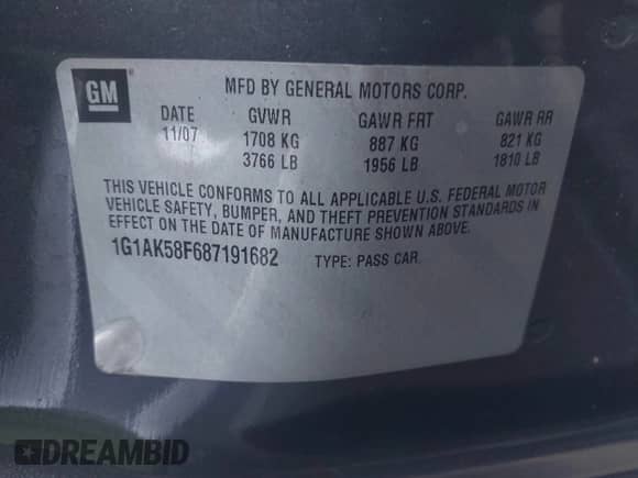 2008 Chevrolet Cobalt LS с VIN 1G1AK58F687191682, выставлен на аукционе IAAI как лот 43159842 с пробегом 120 454 миль миль и . История ставок и продаж доступна на DreamBid. Изображение 9.