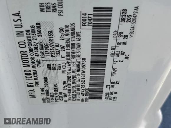 ✅ 2003 Mazda B-Series SE • VIN: 4F4YR16D13TM05738 • Lot: 67868945. Listed on Copart with 90,377 mi. Free auction sales archive from the USA and detailed vehicle history report at DreamBid. Image 12.