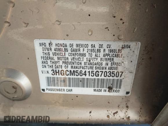 ✅ 2005 Honda Accord LX • VIN: 3HGCM56415G703507 • Lot: 43015432. Listed on IAAI with 219,338 mi. Free auction sales archive from the USA and detailed vehicle history report at DreamBid. Image 9.