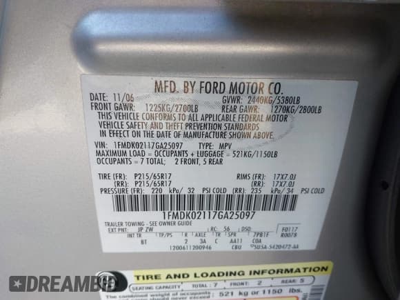 ✅ 2007 Ford Freestyle SEL • VIN: 1FMDK02117GA25097 • Лот: 43666690. Опубликован ранее на IAAI с пробегом 154 904 миль. Бесплатный доступ к архиву аукционных продаж из США и подробный отчёт об истории автомобиля на DreamBid. Изображение 9.