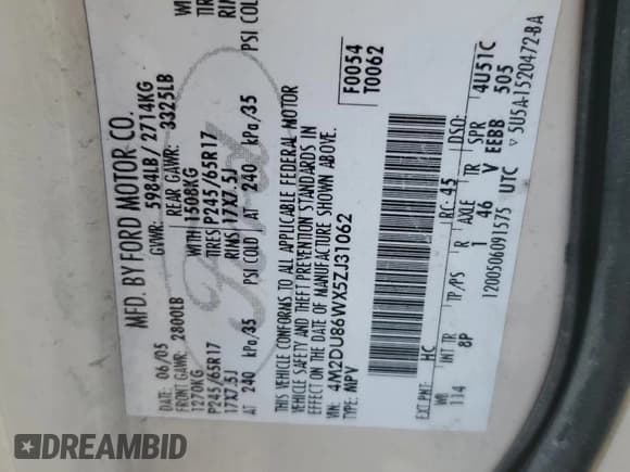 ✅ 2005 Mercury Mountaineer Convenience • VIN: 4M2DU86WX5ZJ31062 • Lot: 61642825. Listed on Copart with 217,865 mi. Free auction sales archive from the USA and detailed vehicle history report at DreamBid. Image 13.