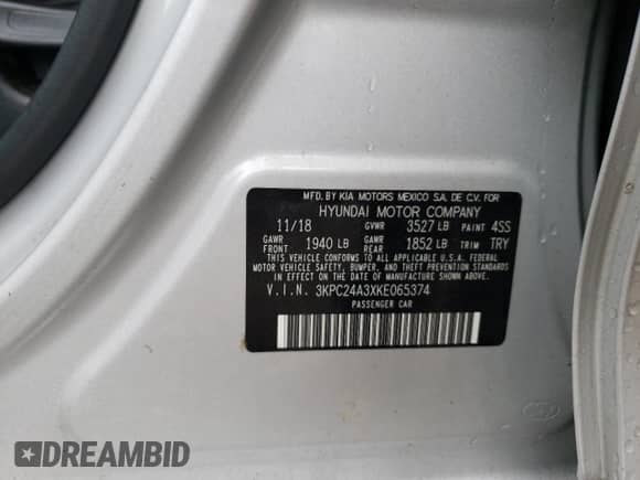 2019 Hyundai Accent SE with VIN 3KPC24A3XKE065374, listed as a Copart auction lot 59446053 with 50,555 mi miles and . Bid and sale history available at DreamBid. Image 10.