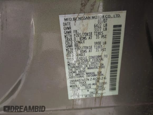 ✅ 2007 Nissan Titan SE • VIN: 1N6BA07A37N240626 • Lot: 43881538. Wystawiony na IAAI z przebiegiem 173 721 mil. Bezpłatny archiwum sprzedaży aukcyjnych z USA i szczegółowy raport historii pojazdu na DreamBid. Zdjęcie 9.