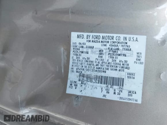 ✅ 2003 Mazda B-Series SX • VIN: 4F4YR12D13TM20598 • Lot: 42811683. Listed on IAAI with Not provided. Free auction sales archive from the USA and detailed vehicle history report at DreamBid. Image 9.