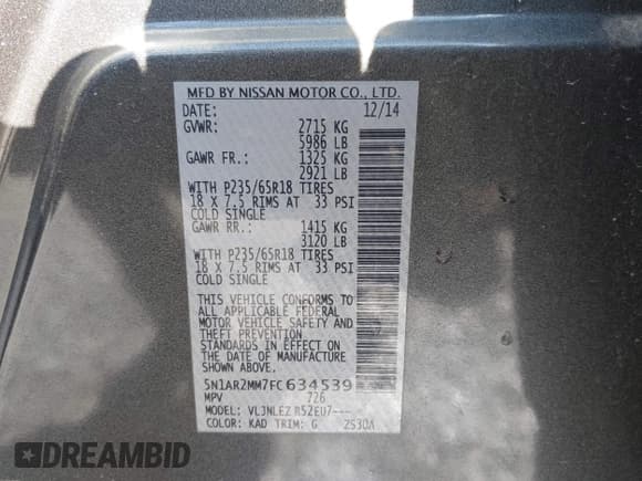 ✅ 2015 Nissan Pathfinder SL • VIN: 5N1AR2MM7FC634539 • Lot: 43519584. Listed on IAAI with 94,919 mi. Free auction sales archive from the USA and detailed vehicle history report at DreamBid. Image 9.