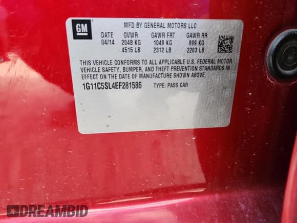 ✅ 2014 Chevrolet Malibu LT • VIN: 1G11C5SL4EF281586 • Lot: 87079205. Listed on Copart with 158,885 mi. Free auction sales archive from the USA and detailed vehicle history report at DreamBid. Image 12.