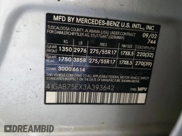 ✅ 2003 Mercedes-Benz M 500 • VIN: 4JGAB75EX3A393642 • Lot: 70591715. Listed on Copart with 100,363 mi. Free auction sales archive from the USA and detailed vehicle history report at DreamBid. Image 13.