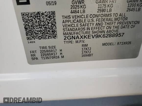 2019 Chevrolet Equinox LT with VIN 2GNAXKEV9K6288957, listed as a Copart auction lot 81373605 with 58,114 mi miles and Salvage title. Bid and sale history available at DreamBid. Image 13.