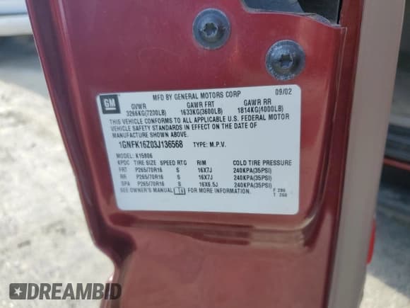 ✅ 2003 Chevrolet Suburban LT • VIN: 1GNFK16Z03J136568 • Lot: 58580575. Listed on Copart with 199,188 mi. Free auction sales archive from the USA and detailed vehicle history report at DreamBid. Image 12.