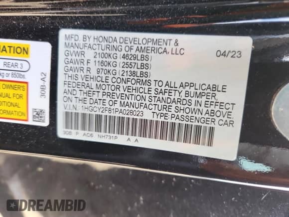 2023 Honda Accord Touring z VIN 1HGCY2F81PA028023, wystawiony jako Copart lot #90211335 z przebiegiem 34 160 mil mil oraz Szkoda całkowita • Salvage title. Historia ofert i sprzedaży dostępna na DreamBid. Obrazek 12.