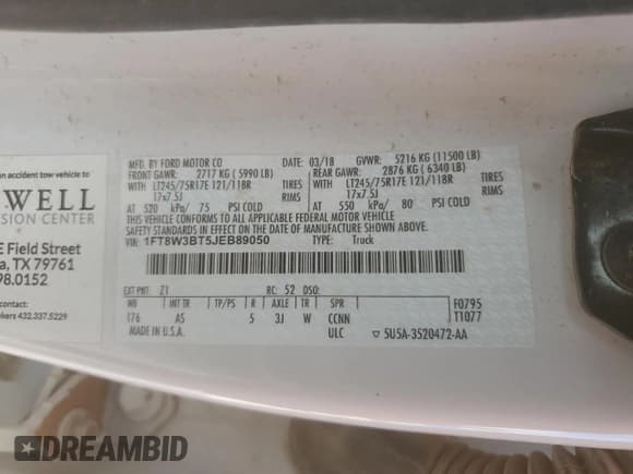 ✅ 2018 Ford F-350 XL • VIN: 1FT8W3BT5JEB89050 • Лот: 54020355. Опубликован ранее на Copart с пробегом 150 621 миль. Бесплатный доступ к архиву аукционных продаж из США и подробный отчёт об истории автомобиля на DreamBid. Изображение 12.