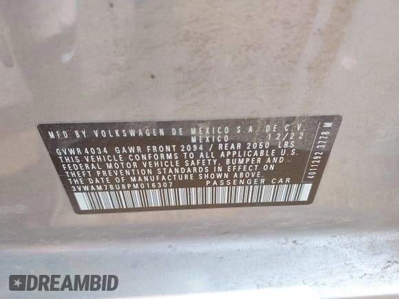 ✅ 2023 Volkswagen Jetta Sport • VIN: 3VWAM7BU8PM016307 • Lot: 43159160. Listed on IAAI with 41,798 mi. Free auction sales archive from the USA and detailed vehicle history report at DreamBid. Image 9.