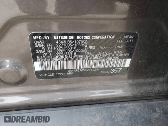 2017 Mitsubishi Outlander SE with VIN JA4AR3AW5HZ042244, listed as a Copart auction lot 44455115 with 69,168 mi miles and Salvage title. Bid and sale history available at DreamBid. Image 13.