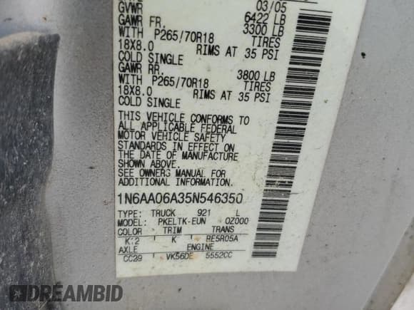 ✅ 2005 Nissan Titan SE • VIN: 1N6AA06A35N546350 • Лот: 51342975. Опубликован ранее на Copart с пробегом Не указан. Бесплатный доступ к архиву аукционных продаж из США и подробный отчёт об истории автомобиля на DreamBid. Изображение 14.