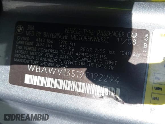 ✅ 2009 BMW 3 Series 328i • VIN: WBAWV13519P122294 • Lot: 43223877. Listed on IAAI with 166,470 mi. Free auction sales archive from the USA and detailed vehicle history report at DreamBid. Image 9.