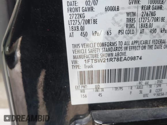 ✅ 2008 Ford F-250 XL • VIN: 1FTSW21R78EA09874 • Lot: 43592250. Listed on IAAI with 172,995 mi. Free auction sales archive from the USA and detailed vehicle history report at DreamBid. Image 9.