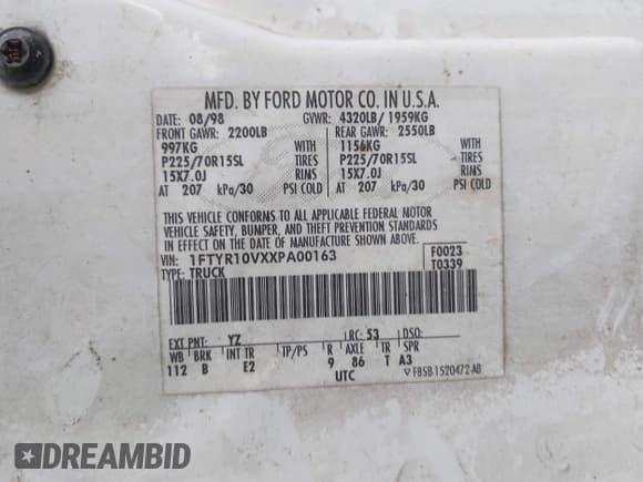 ✅ 1999 Ford Ranger XL • VIN: 1FTYR10VXXPA00163 • Lot: 42428940. Listed on IAAI with 128,561 mi. Free auction sales archive from the USA and detailed vehicle history report at DreamBid. Image 9.