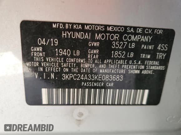 ✅ 2019 Hyundai Accent SE • VIN: 3KPC24A33KE083683 • Лот: 43200695. Опубликован ранее на Copart с пробегом 53 728 миль. Бесплатный доступ к архиву аукционных продаж из США и подробный отчёт об истории автомобиля на DreamBid. Изображение 12.