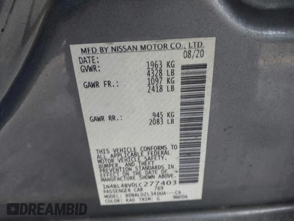 ✅ 2020 Nissan Altima S • VIN: 1N4BL4BV0LC277403 • Lot: 42343879. Listed on IAAI with 89,643 mi. Free auction sales archive from the USA and detailed vehicle history report at DreamBid. Image 9.