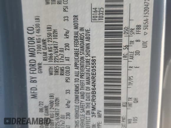 ✅ 2022 Ford Bronco Sport Big Bend • VIN: 3FMCR9B64NRE05581 • Lot: 68781285. Wystawiony na Copart z przebiegiem 76 718 mil. Bezpłatny archiwum sprzedaży aukcyjnych z USA i szczegółowy raport historii pojazdu na DreamBid. Zdjęcie 14.