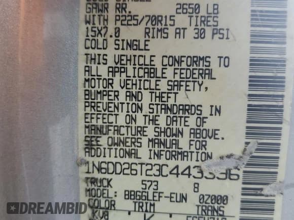 ✅ 2003 Nissan Frontier XE • VIN: 1N6DD26T23C443396 • Lot: 57594985. Listed on Copart with 266,252 mi. Free auction sales archive from the USA and detailed vehicle history report at DreamBid. Image 13.