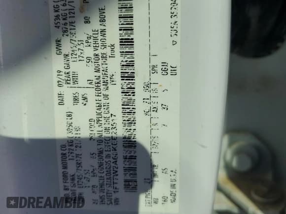 ✅ 2019 Ford F-250 XL • VIN: 1FT7W2A60KEE23517 • Lot: 90445255. Listed on Copart with 107,791 mi. Free auction sales archive from the USA and detailed vehicle history report at DreamBid. Image 12.