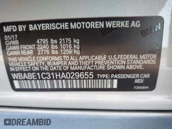 ✅ 2017 BMW 3 Series 330e • VIN: WBA8E1C31HA029655 • Lot: 43720229. Listed on IAAI with 96,416 mi. Free auction sales archive from the USA and detailed vehicle history report at DreamBid. Image 9.