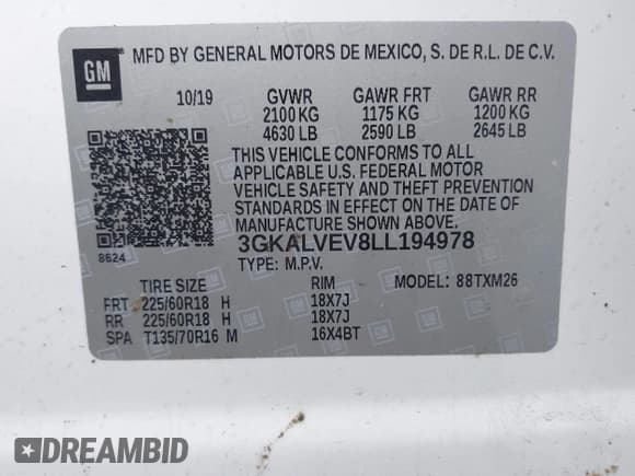 ✅ 2020 GMC Terrain SLT • VIN: 3GKALVEV8LL194978 • Lot: 43725752. Listed on IAAI with 52,037 mi. Free auction sales archive from the USA and detailed vehicle history report at DreamBid. Image 9.