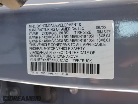 ✅ 2022 Honda Ridgeline Black Edition • VIN: 5FPYK3F8XNB032692 • Lot: 65974585. Listed on Copart with 30,502 mi. Free auction sales archive from the USA and detailed vehicle history report at DreamBid. Image 12.