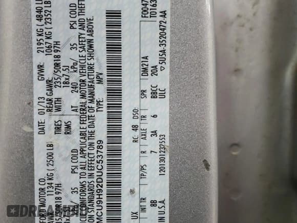 ✅ 2013 Ford Escape SEL • VIN: 1FMCU9H92DUC53789 • Lot: 89886255. Wystawiony na Copart z przebiegiem 172 521 mil. Bezpłatny archiwum sprzedaży aukcyjnych z USA i szczegółowy raport historii pojazdu na DreamBid. Zdjęcie 14.