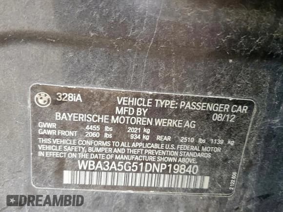 ✅ 2013 BMW 3 Series 328i • VIN: WBA3A5G51DNP19840 • Lot: 57788135. Listed on Copart with 127,848 mi. Free auction sales archive from the USA and detailed vehicle history report at DreamBid. Image 12.