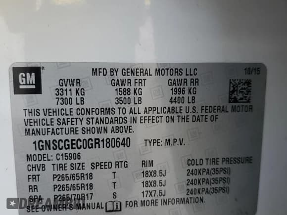 ✅ 2016 Chevrolet Suburban LS • VIN: 1GNSCGEC0GR180640 • Lot: 64640164. Wystawiony na Copart z przebiegiem 175 445 mil. Bezpłatny archiwum sprzedaży aukcyjnych z USA i szczegółowy raport historii pojazdu na DreamBid. Zdjęcie 13.