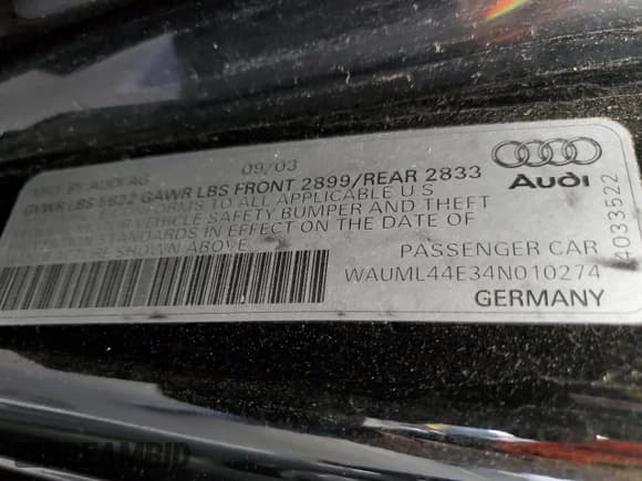 ✅ 2004 Audi A8 • VIN: WAUML44E34N010274 • Lot: 57658765. Listed on Copart with 122,652 mi. Free auction sales archive from the USA and detailed vehicle history report at DreamBid. Image 12.