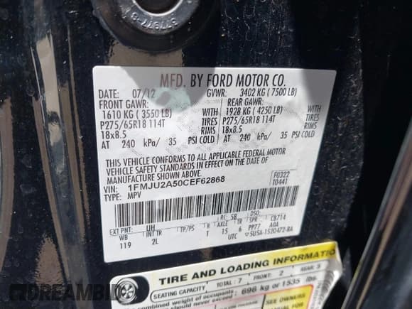 ✅ 2012 Ford Expedition Limited • VIN: 1FMJU2A50CEF62868 • Лот: 43067220. Опубликован ранее на IAAI с пробегом 240 487 миль. Бесплатный доступ к архиву аукционных продаж из США и подробный отчёт об истории автомобиля на DreamBid. Изображение 9.